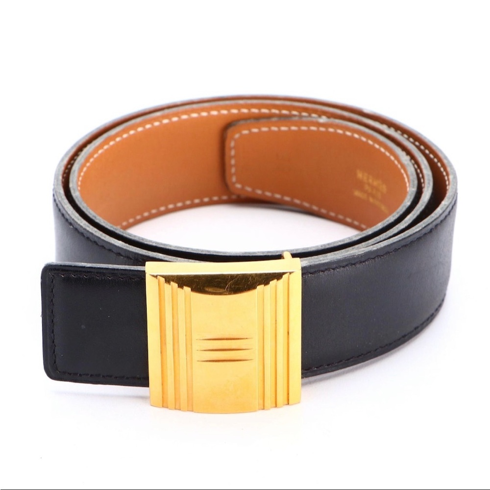 HERMES: Black/Brown, Leather & Gold "H" Buckle Belt